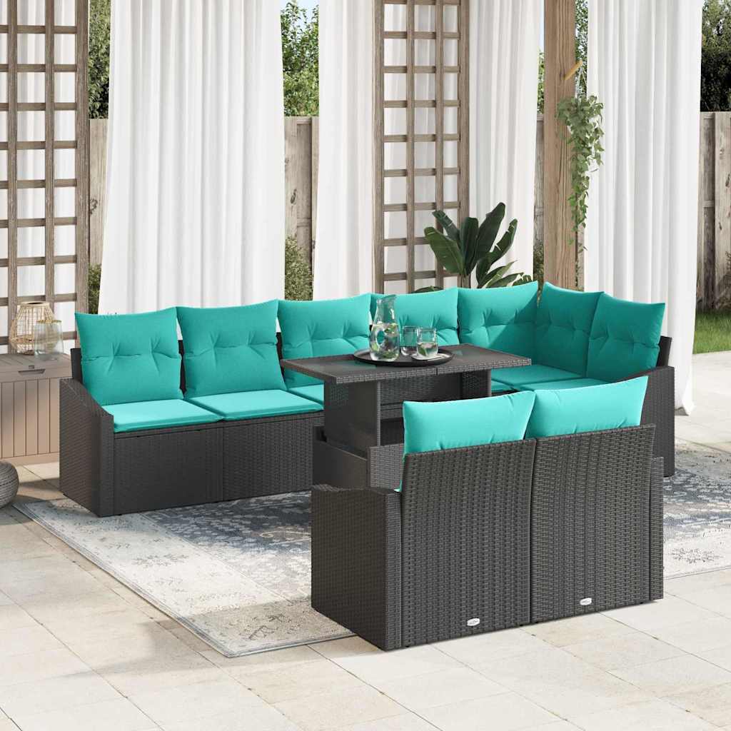 vidaXL Conjunto de sofá de jardín 9 uds. Negro y azul ratán sintético