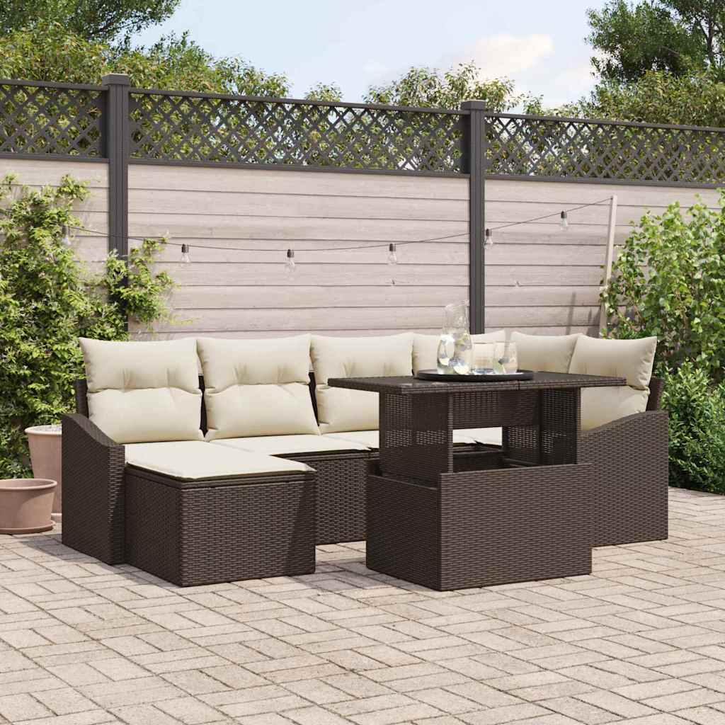 vidaXL Conjunto de sofá de jardín 7 uds. Marrón y crema