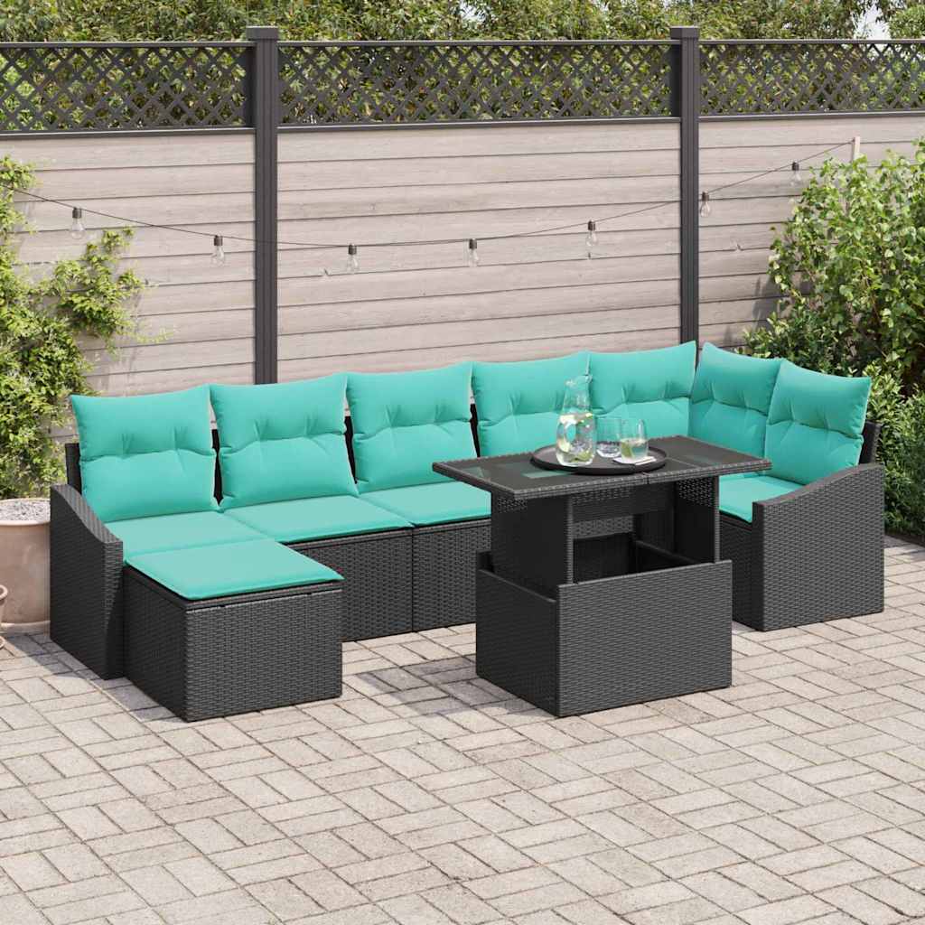 vidaXL Conjunto de sofá de jardín 8 uds. Negro y azul ratán sintético