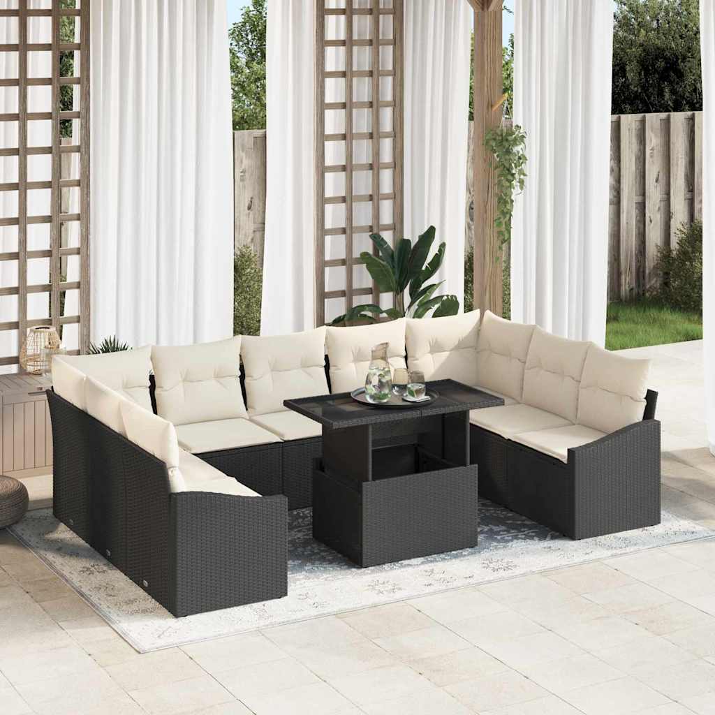 vidaXL Juego de Sofá 10 uds. Negro y crema ratán sintético