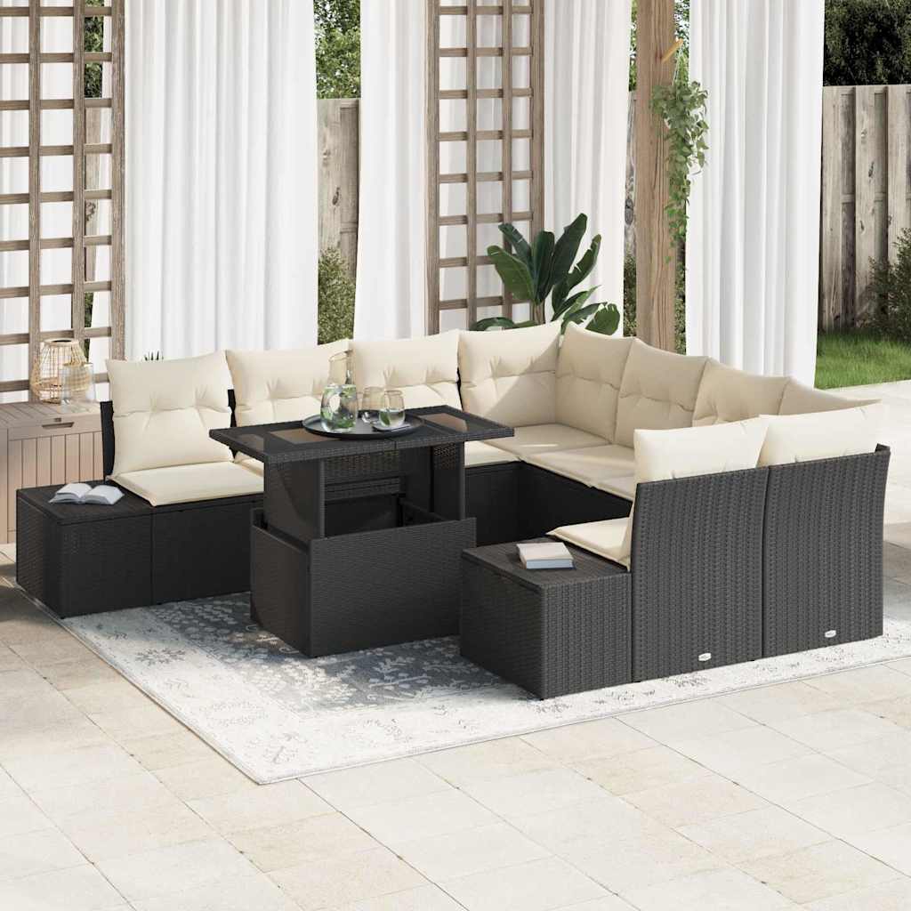 vidaXL Conjunto de sofá de jardín 9 uds. Negro y crema ratán sintético