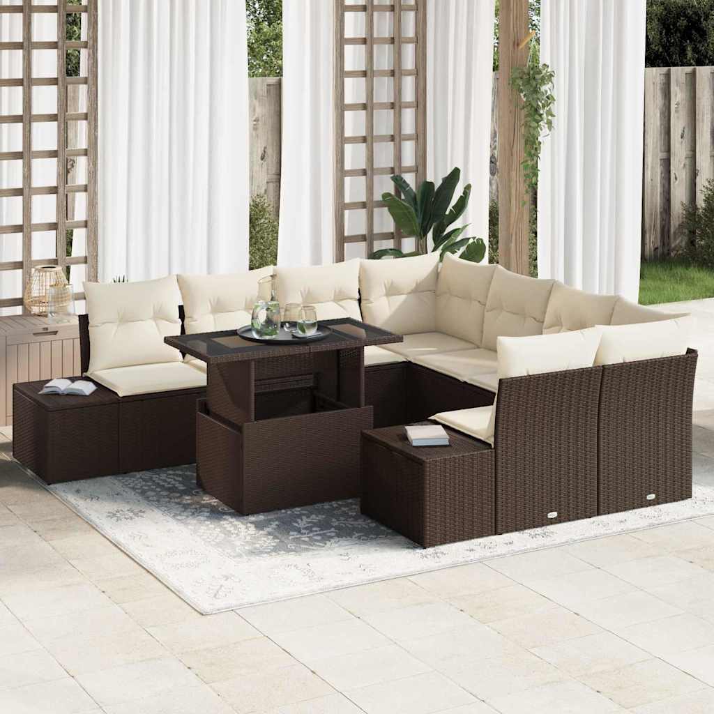 vidaXL Conjunto de sofá de jardín 9 uds. Marrón y crema