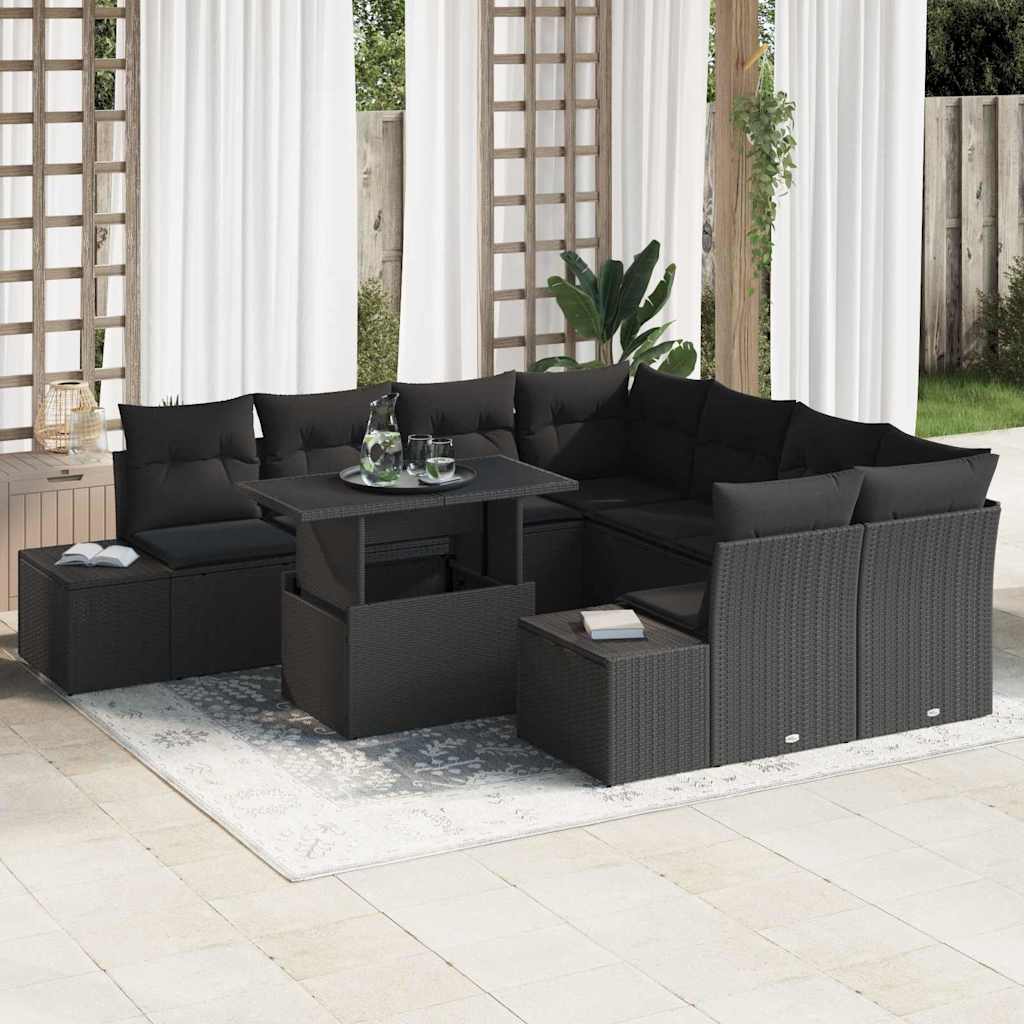 vidaXL Conjunto de sofá de jardín 9 uds. Negro ratán sintético