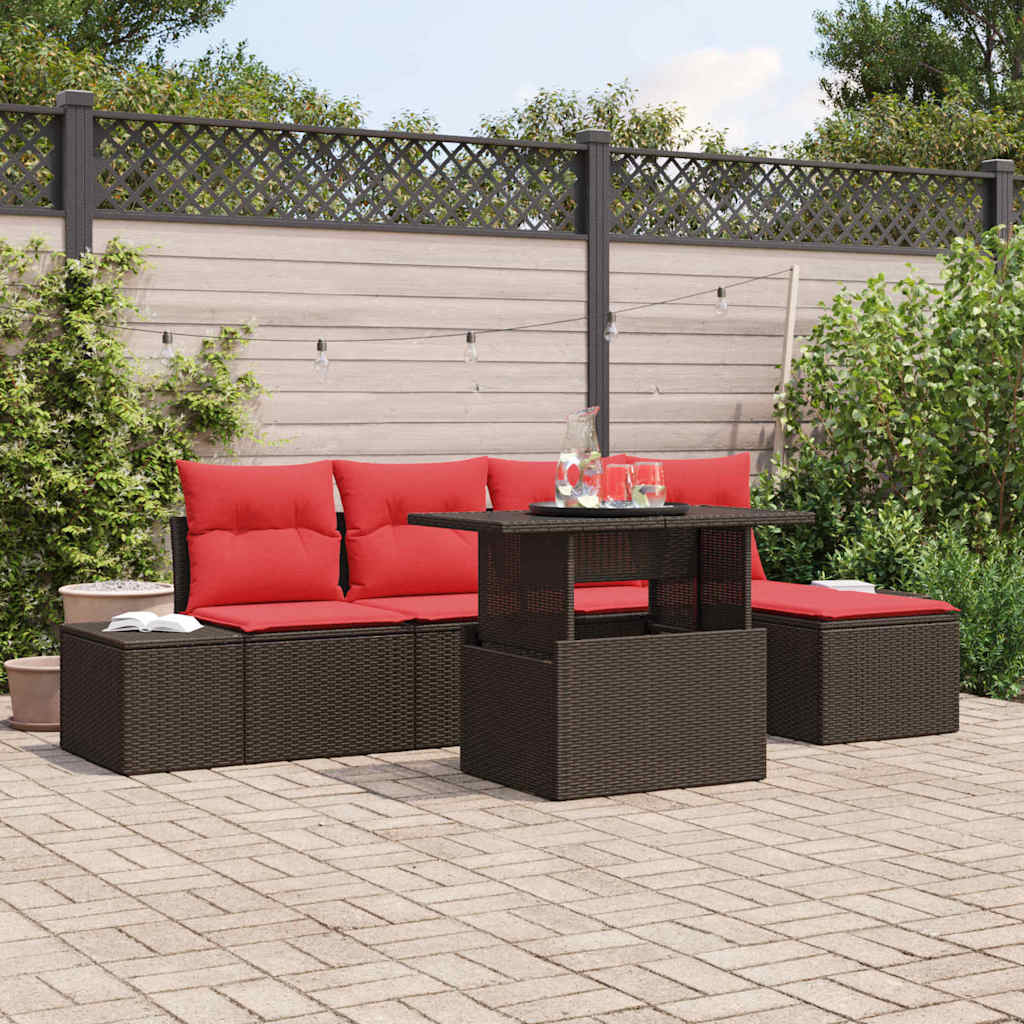 vidaXL Conjunto de sofá de jardín 6 uds. Marrón y Rojo ratán sintético