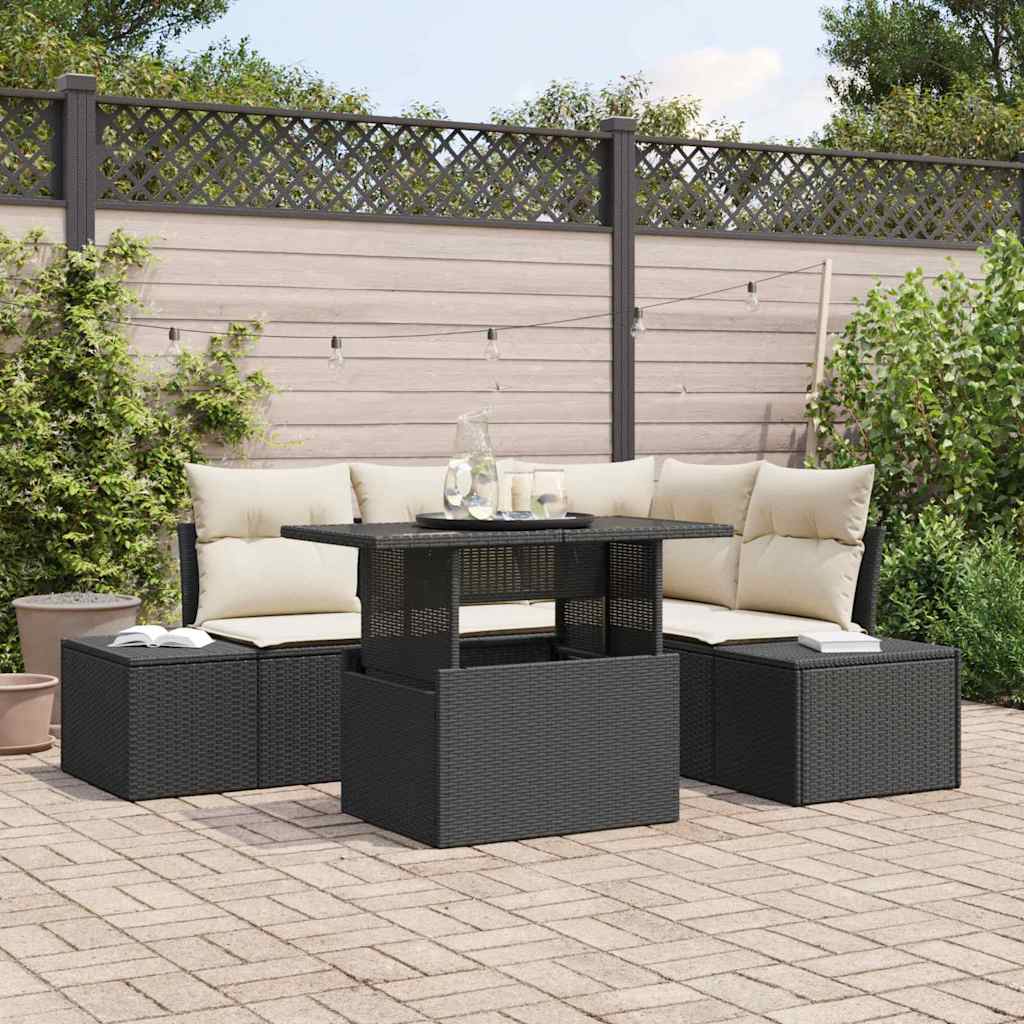 vidaXL Conjunto de sofá de jardín 5 uds. Negro y crema ratán sintético