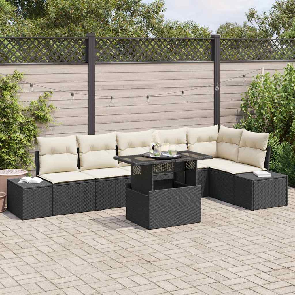 vidaXL Conjunto de sofá de jardín 7 uds. Negro y crema ratán sintético