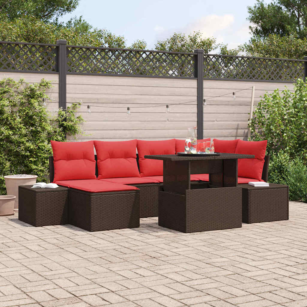 vidaXL Conjunto de sofá de jardín 7 uds. Marrón y Rojo ratán sintético