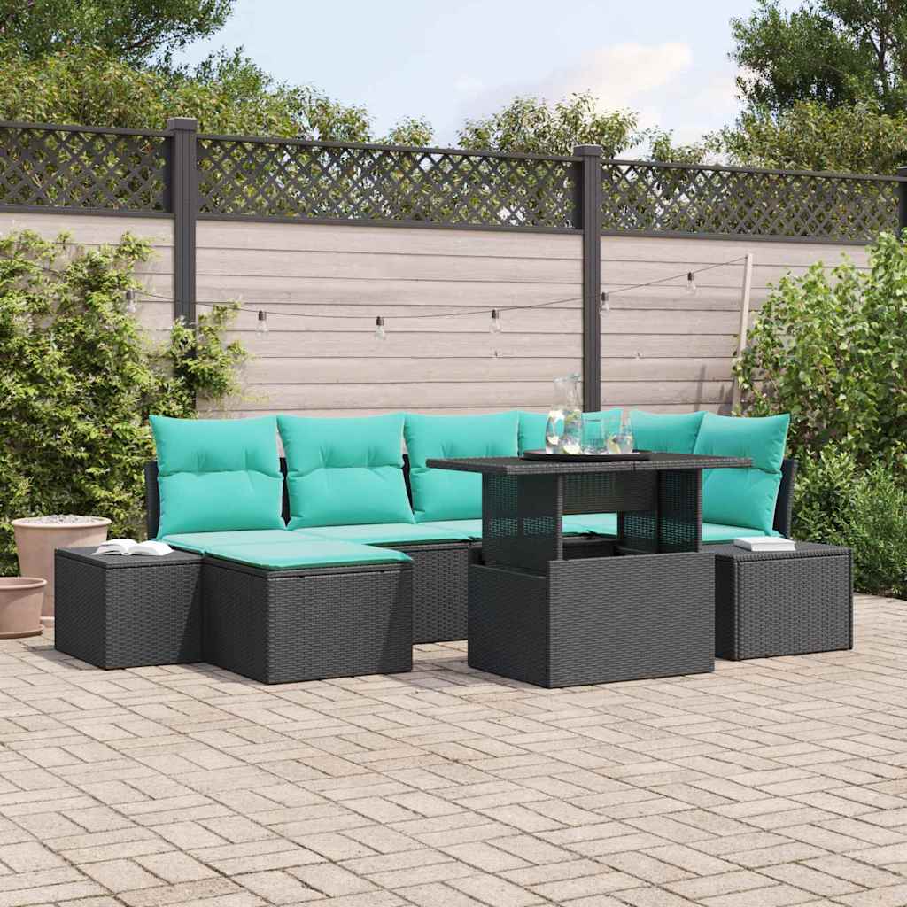 vidaXL Conjunto de sofá de jardín 7 uds. Negro y azul ratán sintético