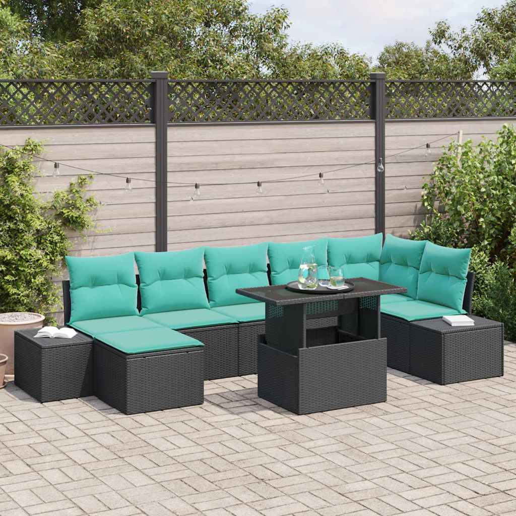 vidaXL Conjunto de sofá de jardín 8 uds. Negro y azul ratán sintético