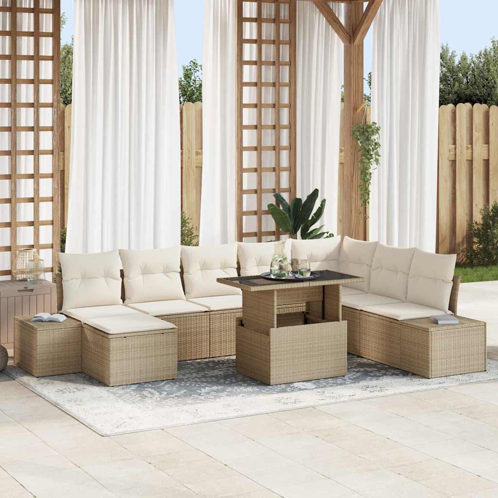 vidaXL Conjunto de sofá de jardín 9 uds. Beige y Crema ratán sintético