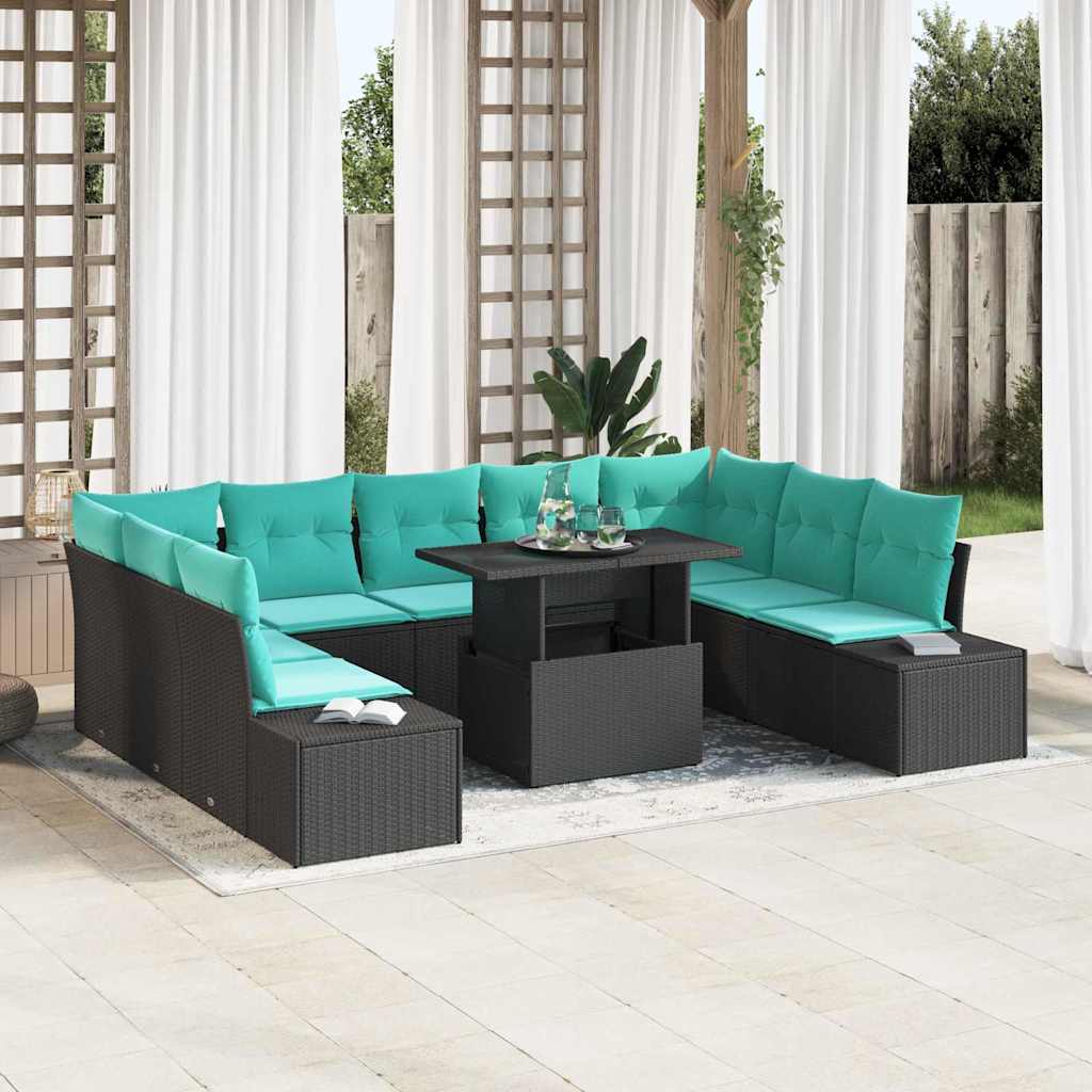 vidaXL Conjunto de sofá de jardín 10 uds. Negro y azul ratán sintético