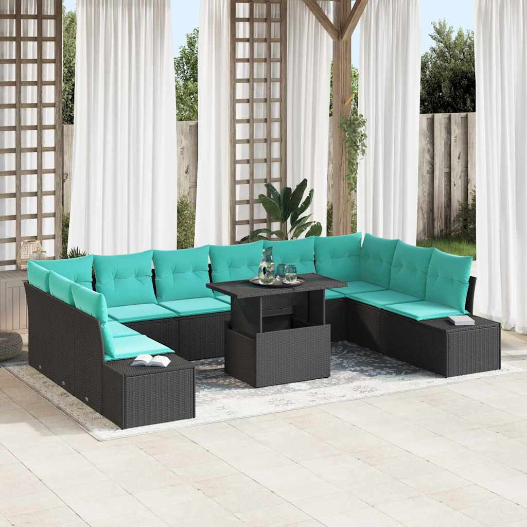 vidaXL Conjunto de sofá de jardín 11 uds. Negro y azul ratán sintético