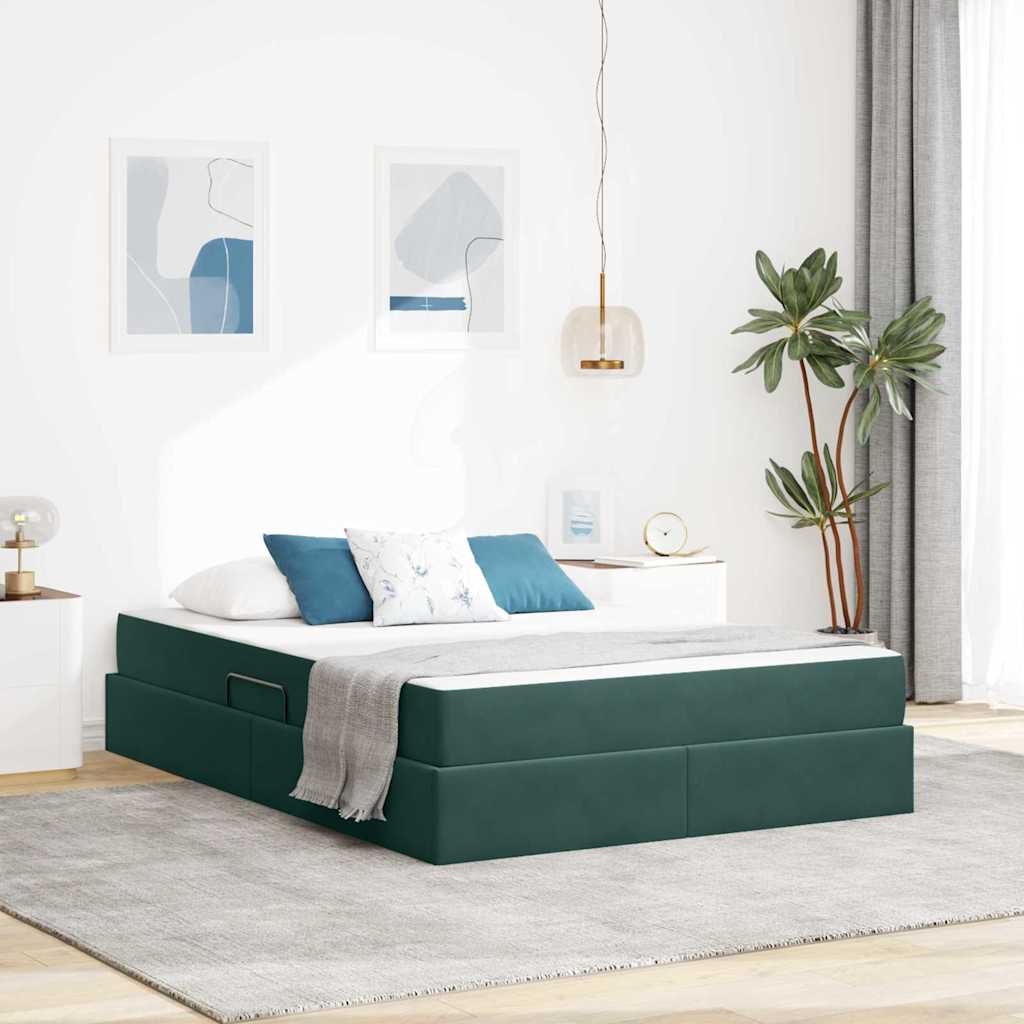 vidaXL Cama con almacenamiento y colchón Verde oscuro 140 x 200 cm
