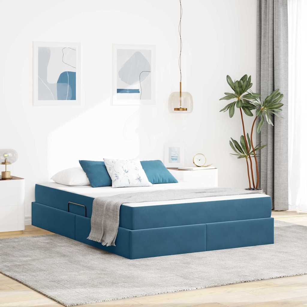 vidaXL Cama con almacenamiento y colchón Azul Oscuro 140 x 200 cm