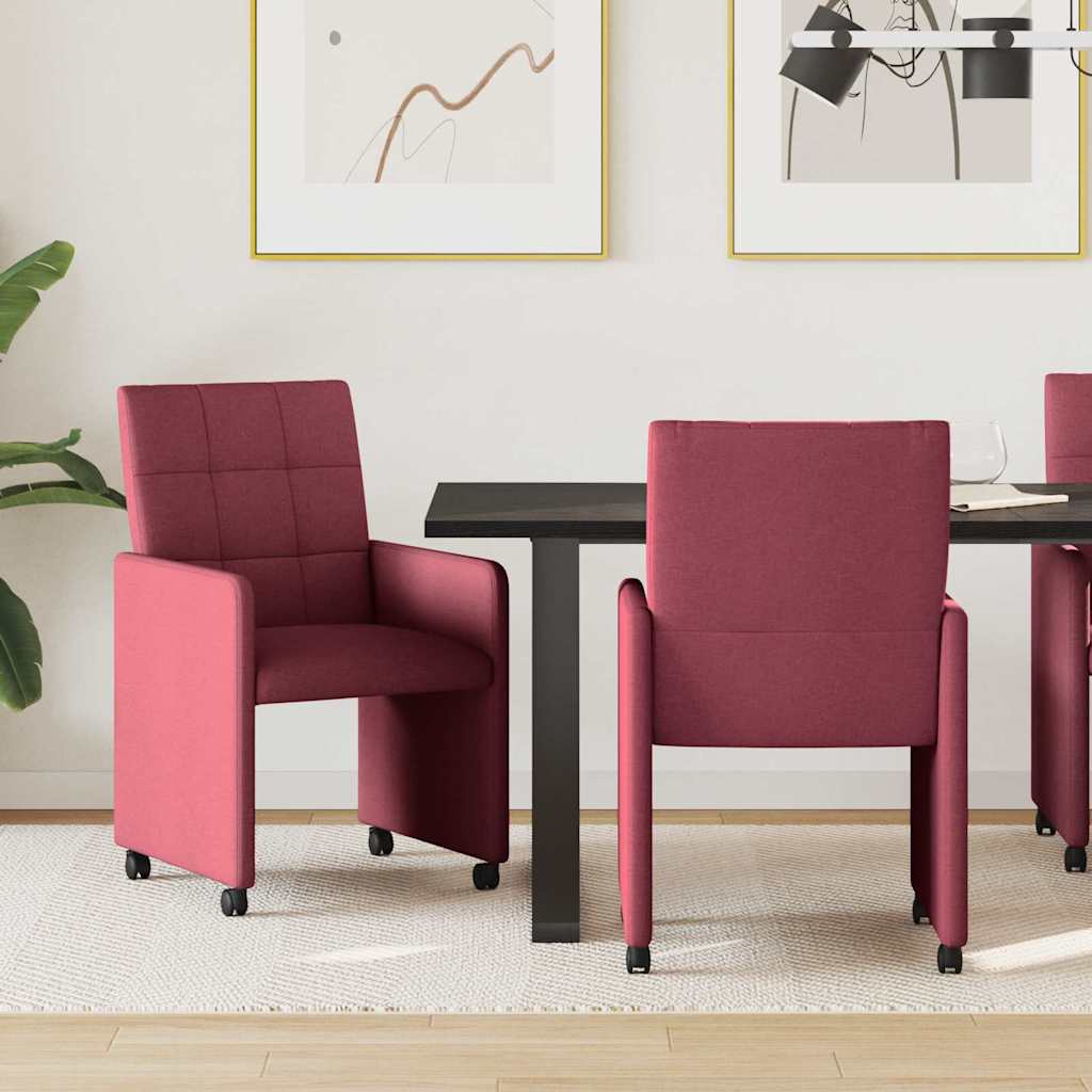 vidaXL Sillas de Comedor con Ruedas 2 uds. tela Rojo vino tinto
