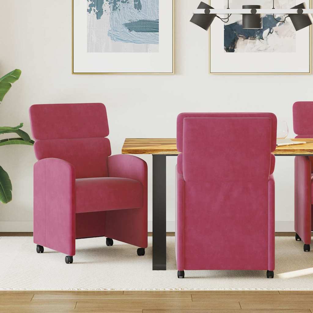 vidaXL Sillas de Comedor con Ruedas 2 uds. Terciopelo Rojo vino tinto