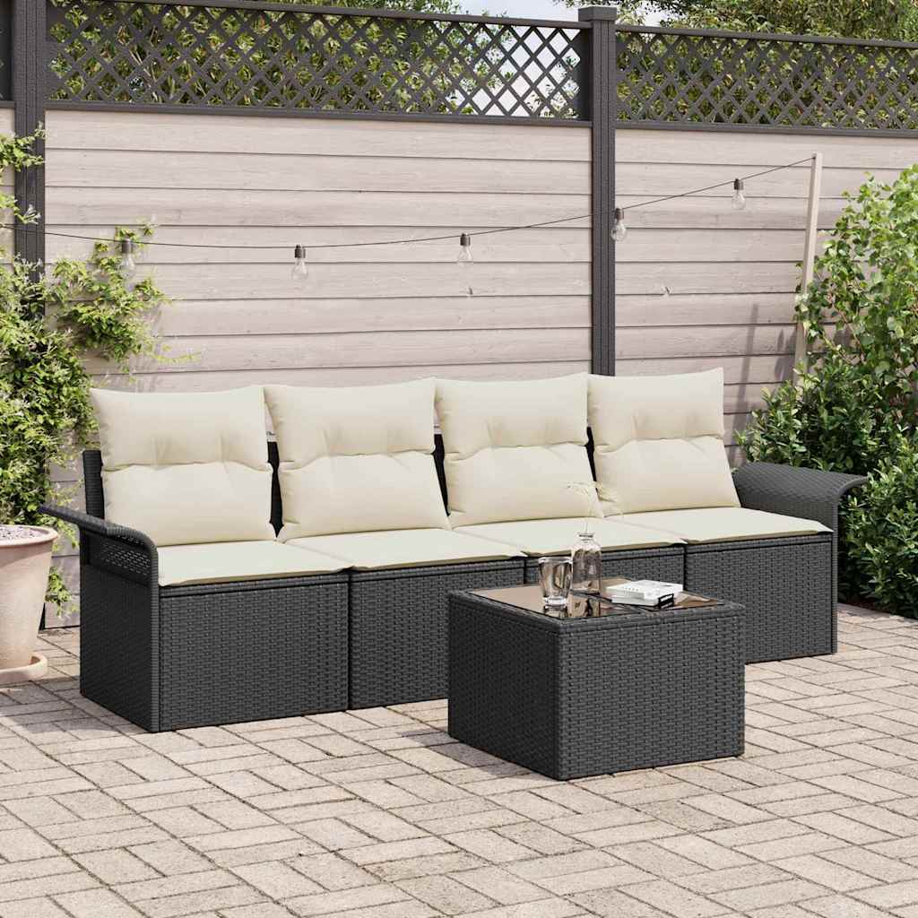 vidaXL Conjunto de sofá de jardín 5 uds. Negro y crema ratán sintético