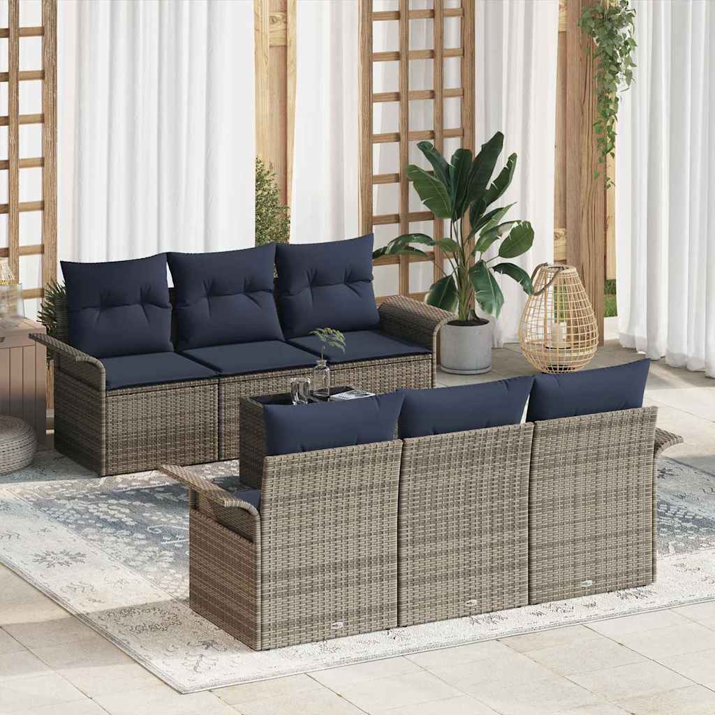 vidaXL Conjunto de sofá de jardín 7 uds. Gris y marino ratán sintético