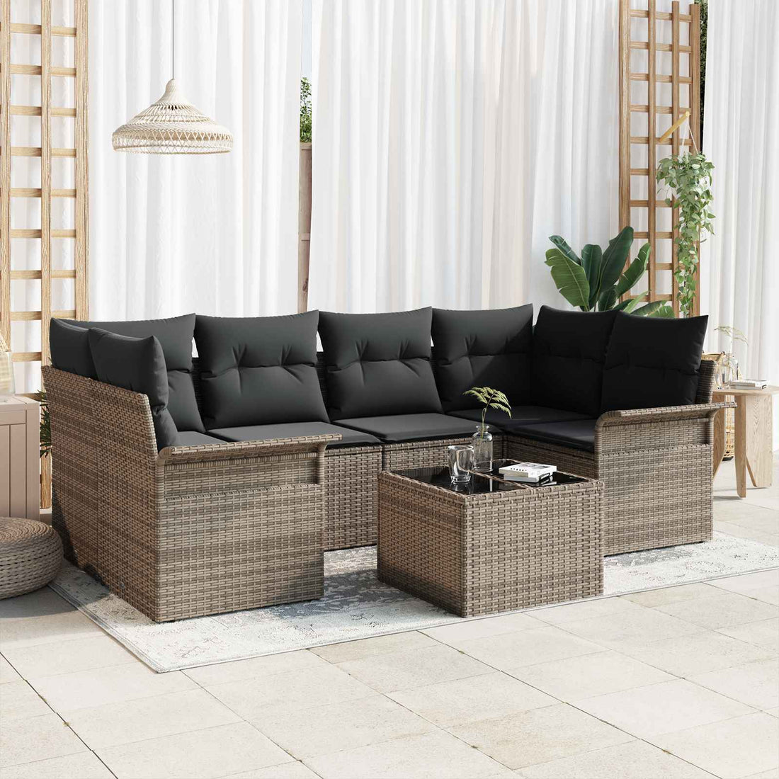 vidaXL Conjunto de sofá de jardín 7 pcs 6-Seater Gris ratán sintético
