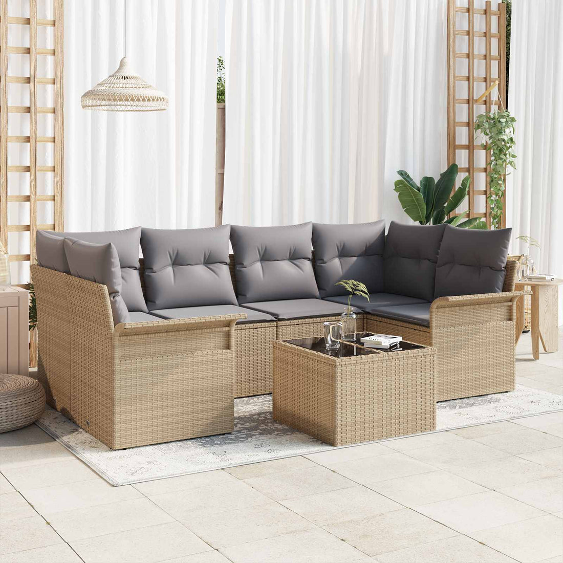 vidaXL Conjunto de sofá de jardín 7 pcs 6-Seater Beige y gris