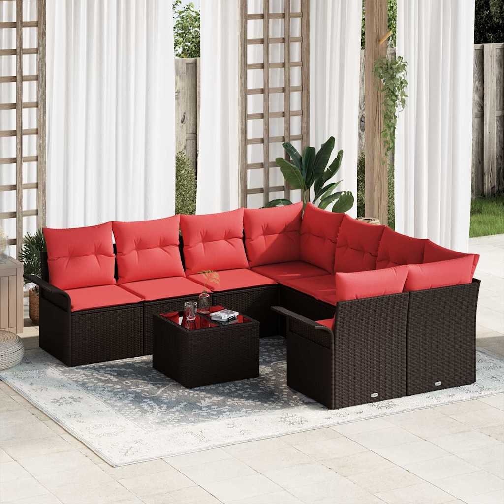 vidaXL Conjunto de sofá de jardín 9 uds. Beige y Rojo ratán sintético