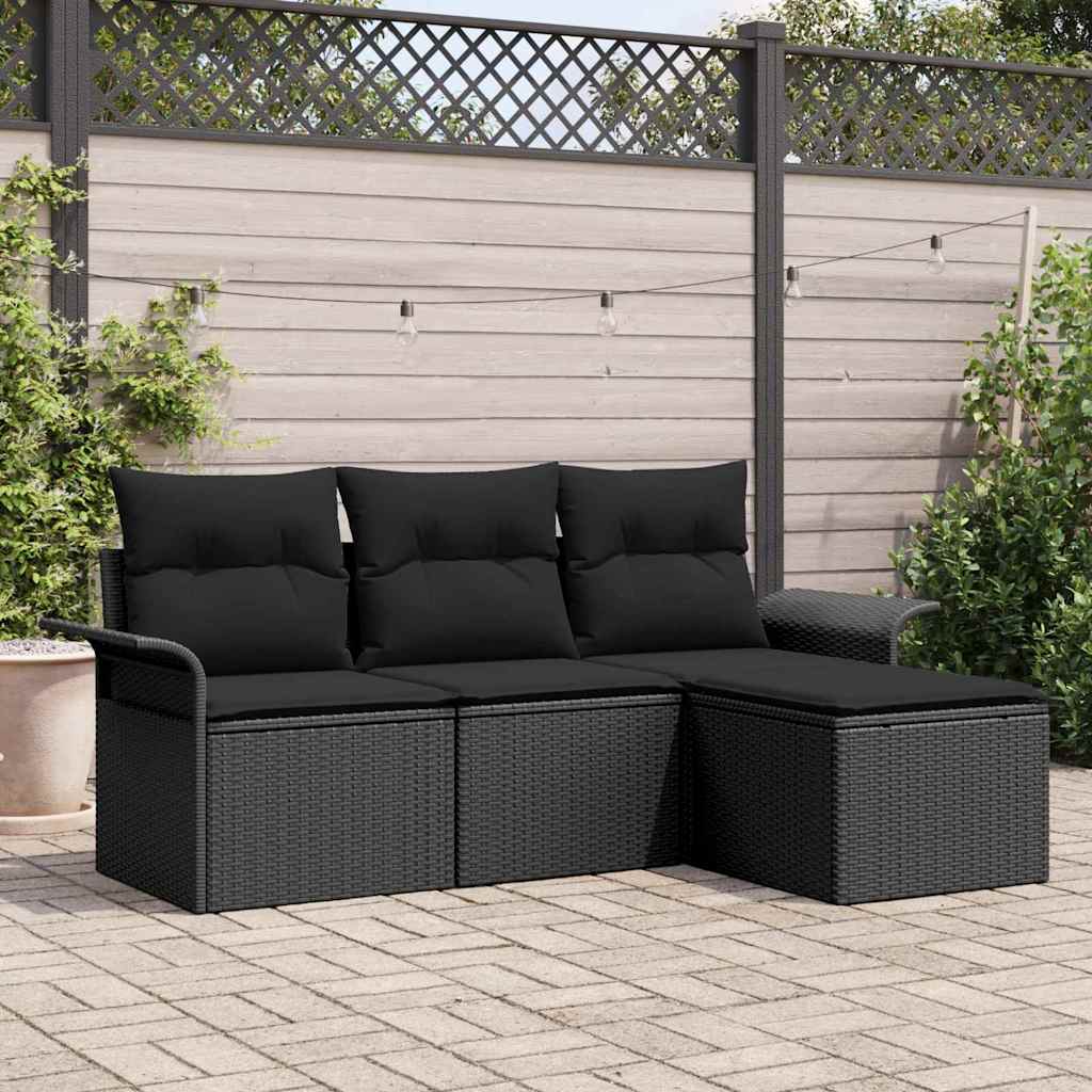 vidaXL Conjunto de sofá de jardín 4 uds. Negro ratán sintético
