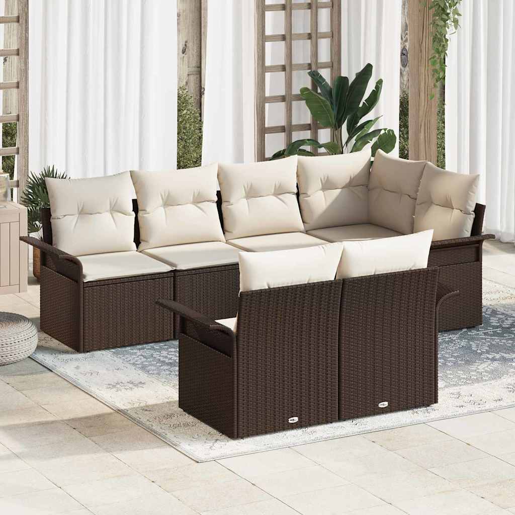 vidaXL Conjunto de sofá de jardín 7 uds. Marrón Poliratán