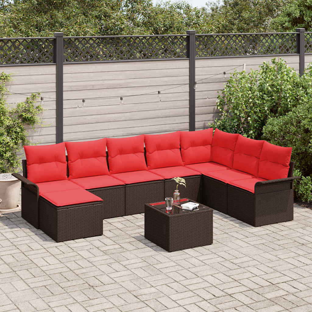 vidaXL Conjunto de sofá de jardín 9 uds. Marrón Poliratán