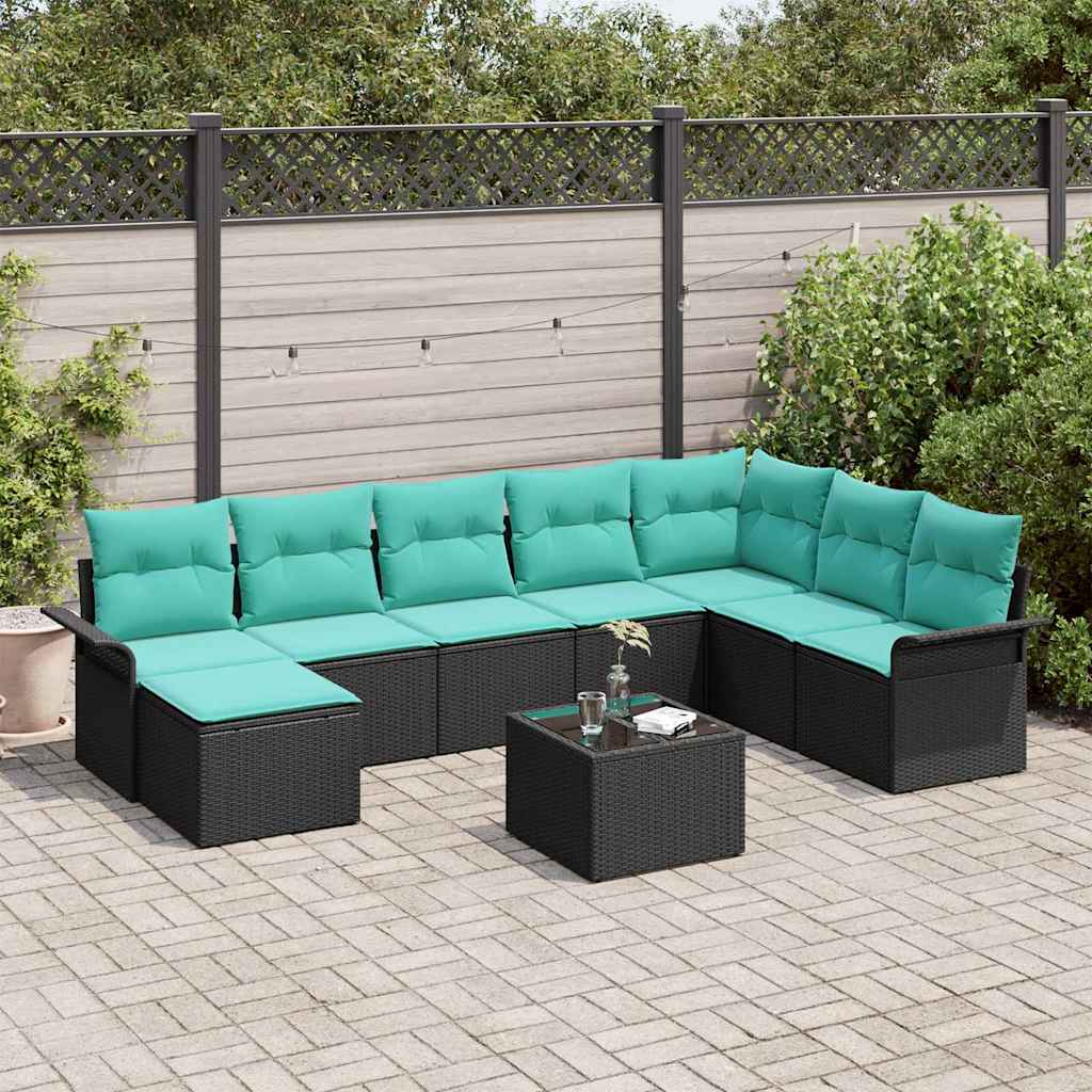 vidaXL Conjunto de sofá de jardín 9 uds. Negro Poliratán
