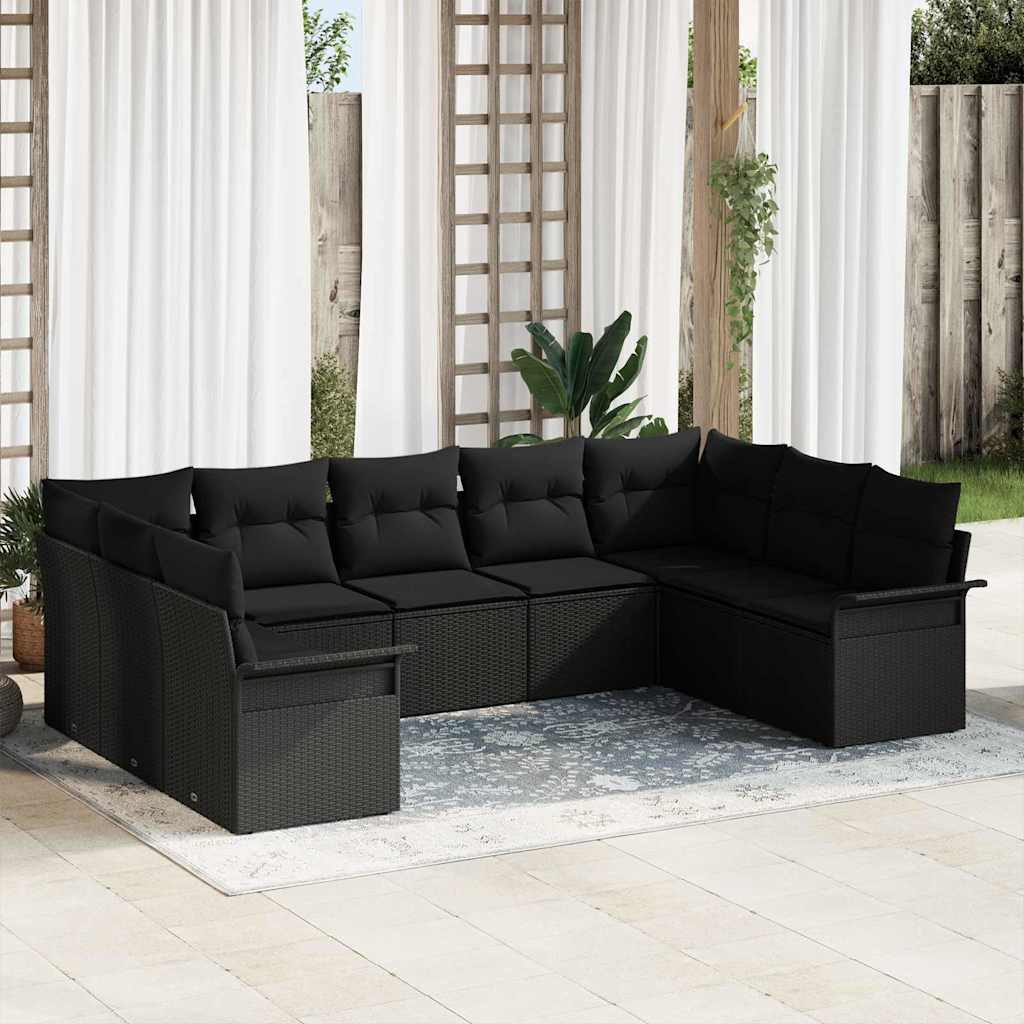 vidaXL Conjunto de sofá de jardín 9 uds. Negro ratán sintético