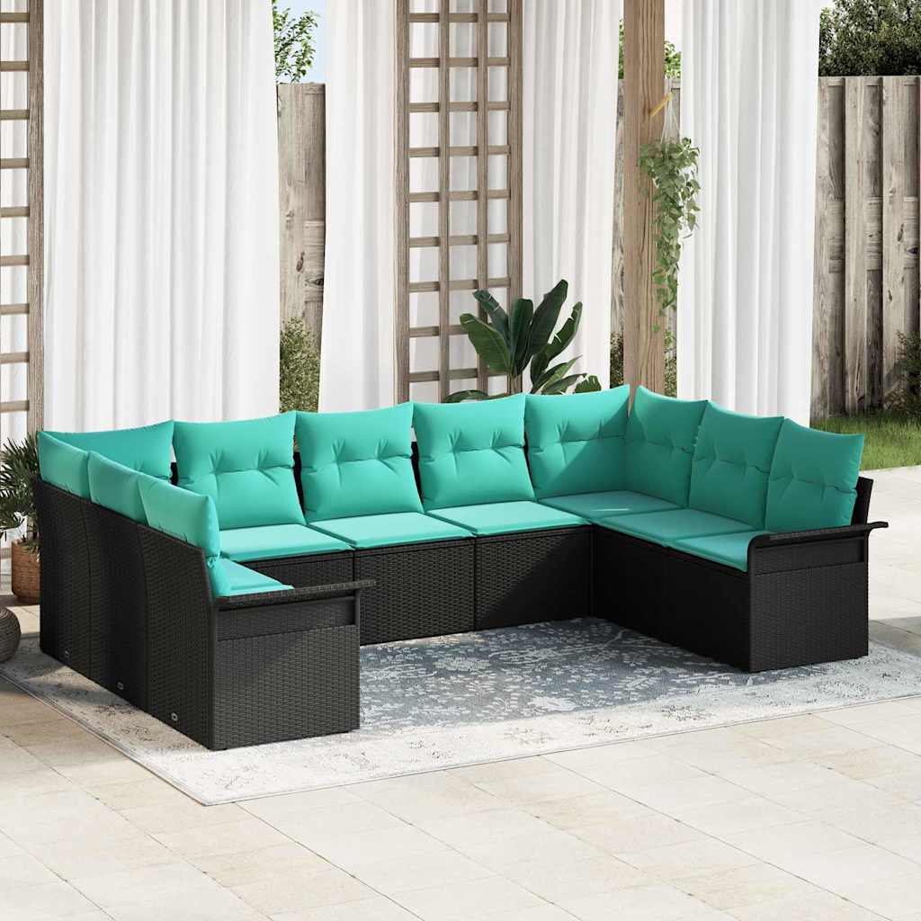 vidaXL Conjunto de sofá de jardín 9 uds. Negro ratán sintético