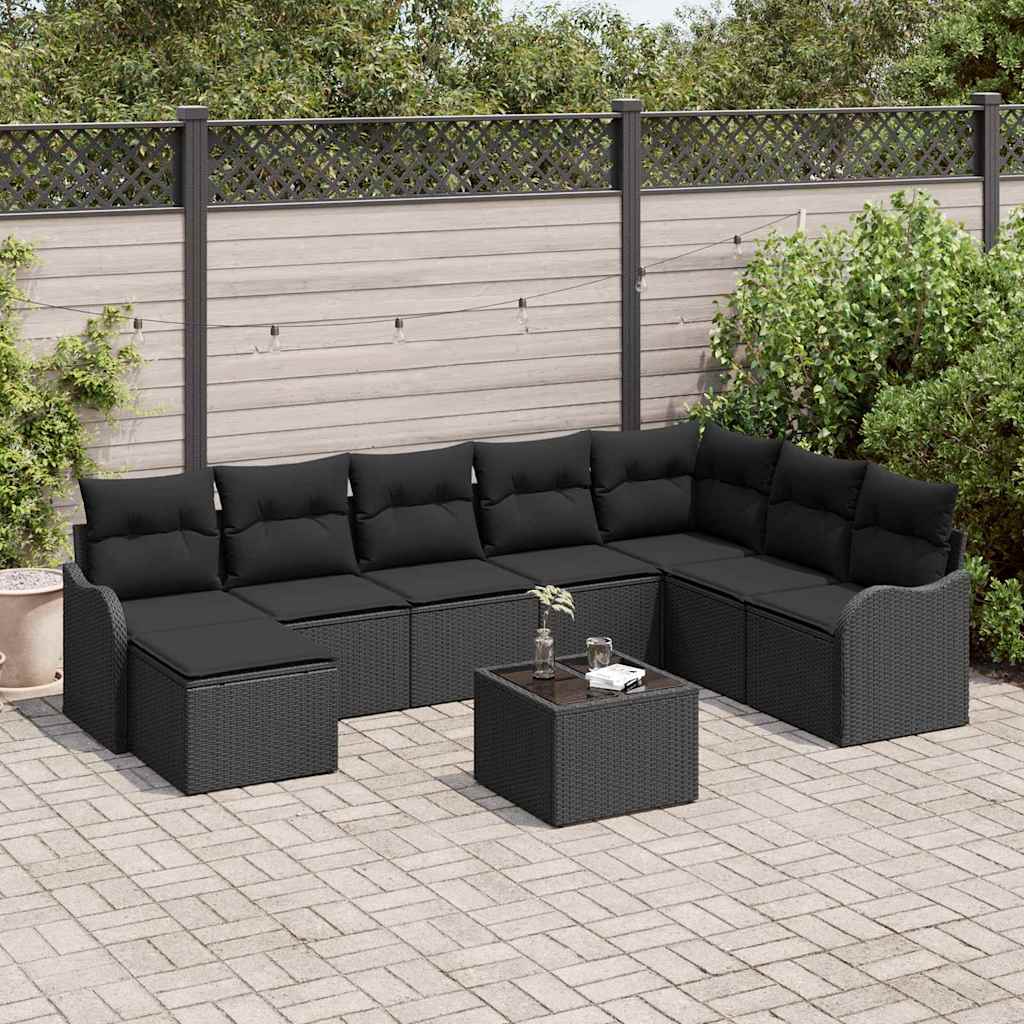 vidaXL Conjunto de sofá de jardín 9 uds. Negro ratán sintético