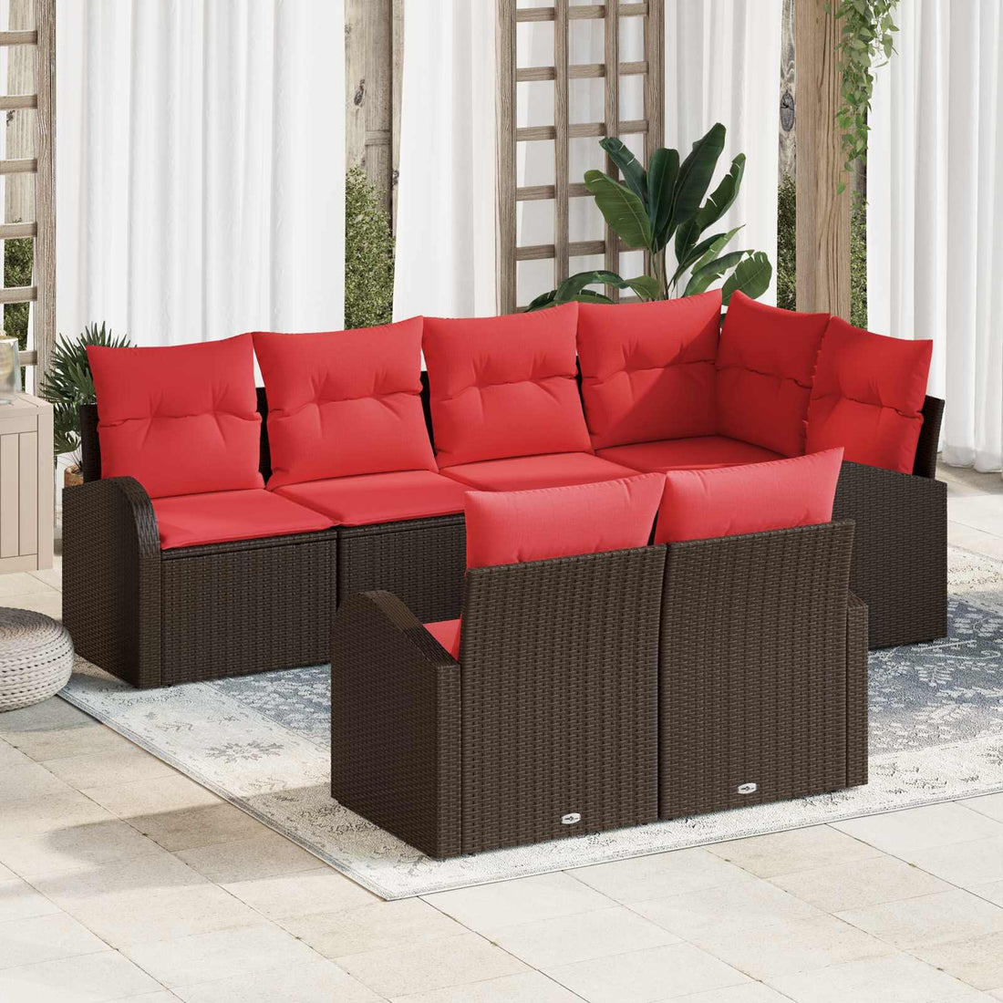 vidaXL Conjunto de sofá de jardín 7 uds. Marrón y Rojo ratán sintético