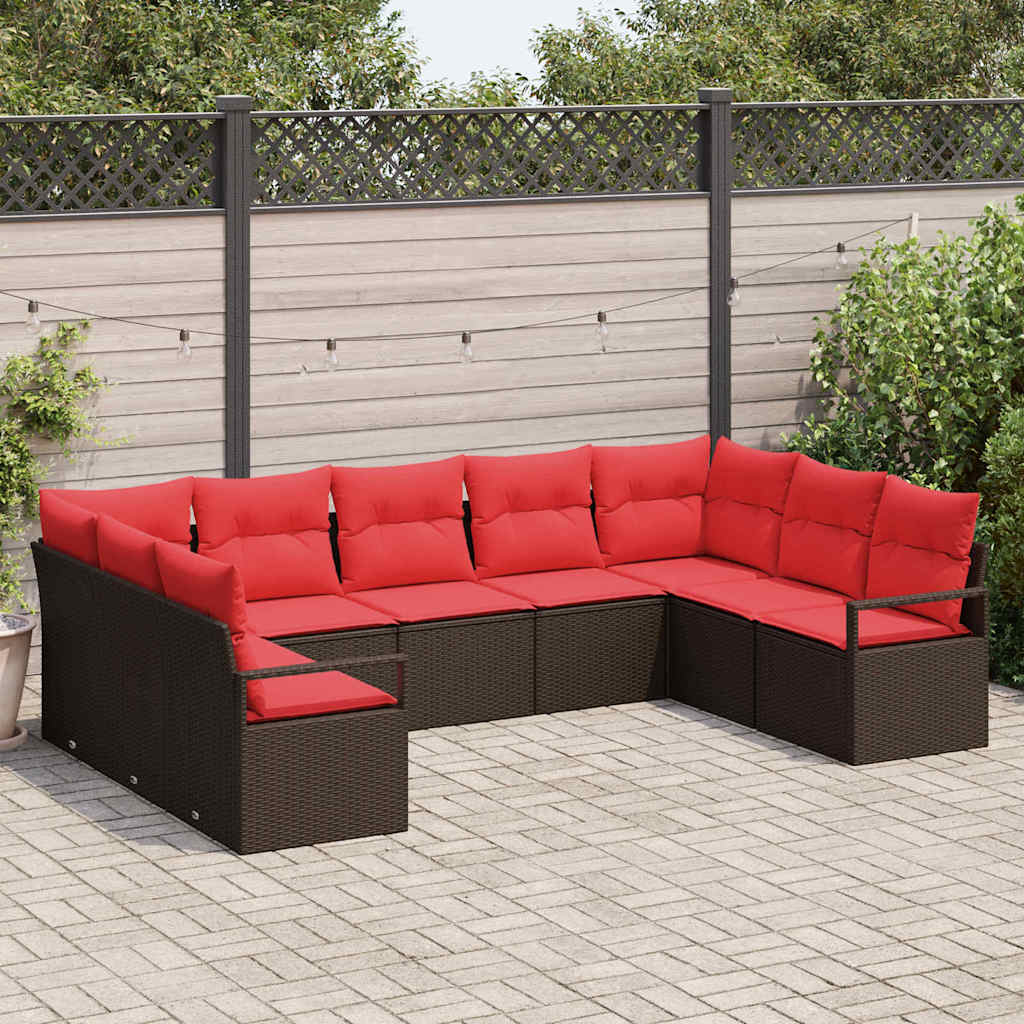 vidaXL Conjunto de sofás de jardín 9 uds. Marrón y Rojo