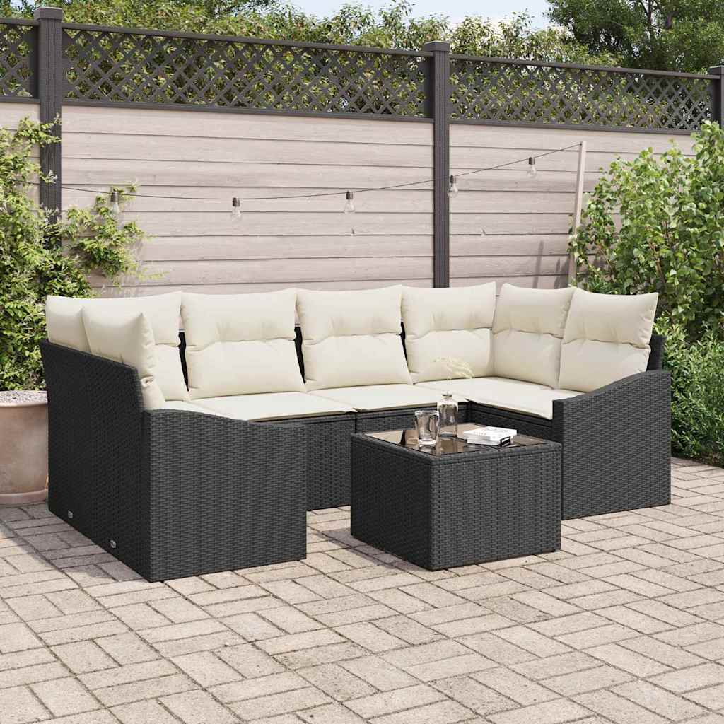 vidaXL Juego de Sofá 7 uds. Negro y crema ratán sintético