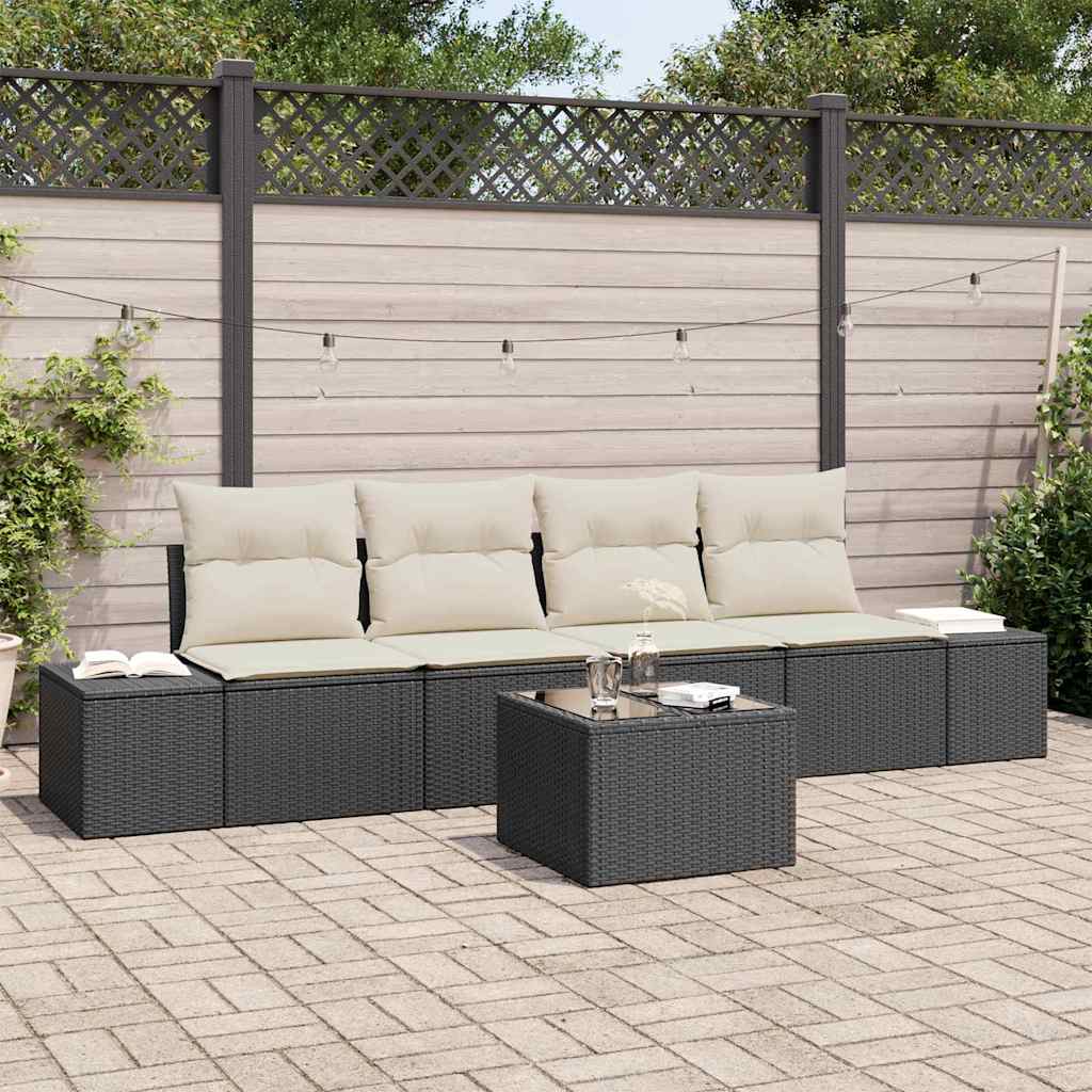 vidaXL Conjunto de sofá de jardín 5 uds. Negro y crema ratán sintético