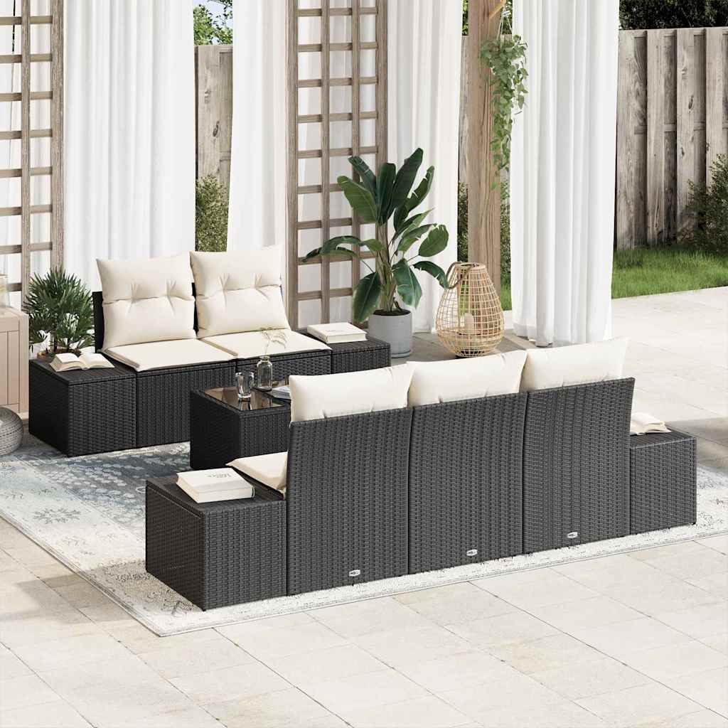 vidaXL Conjunto de sofá de jardín 6 uds. Negro y crema ratán sintético