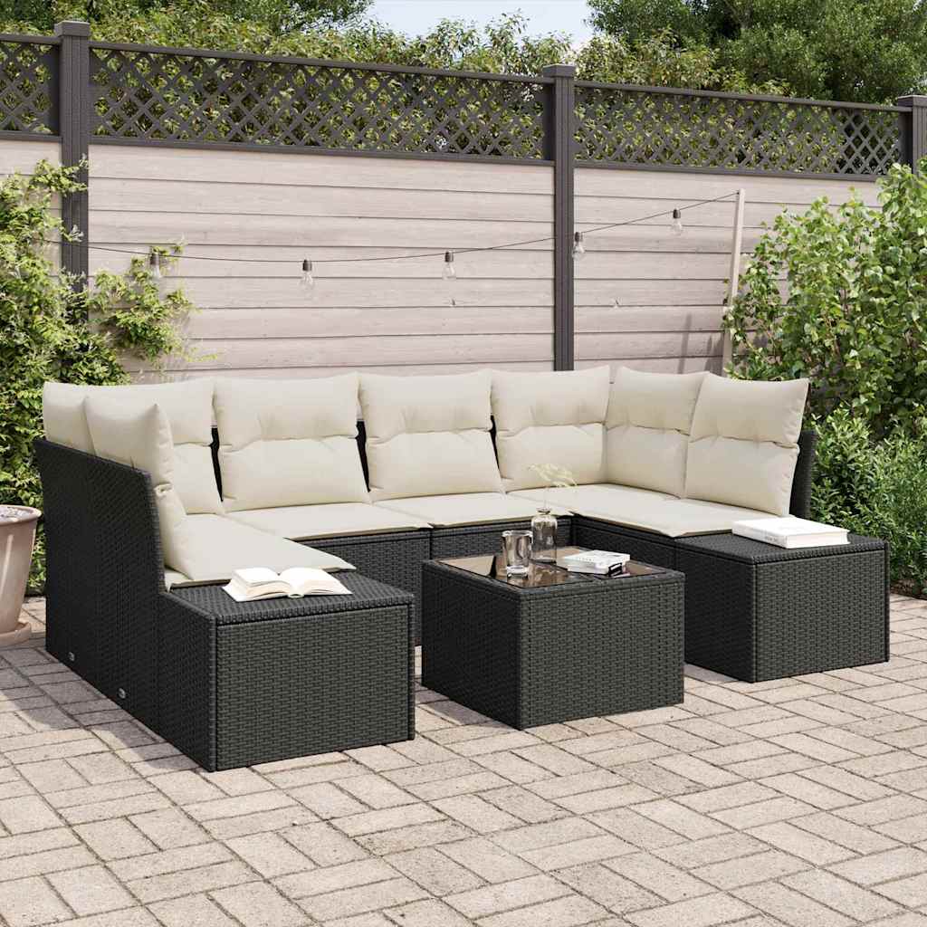 vidaXL Conjunto de sofá de jardín 8 uds. Negro y crema ratán sintético