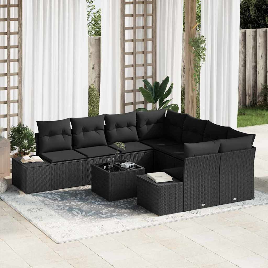 vidaXL Conjunto de sofá de jardín 9 uds. Negro ratán sintético