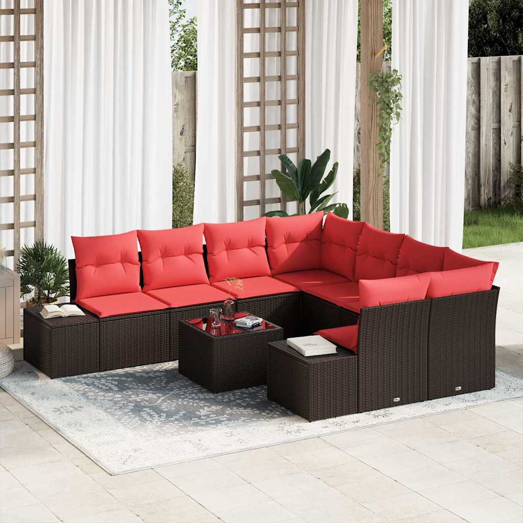 vidaXL Conjunto de sofá de jardín 9 uds. Beige y Rojo ratán sintético