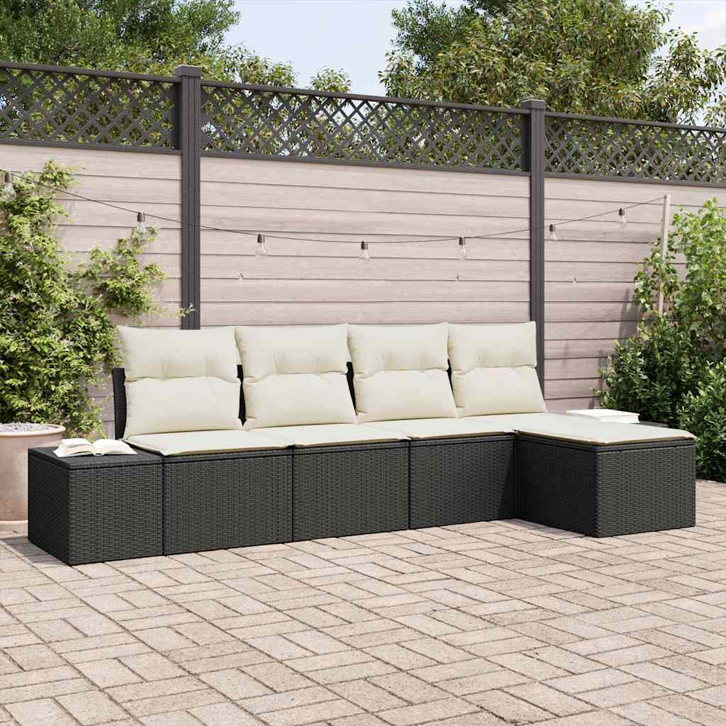 vidaXL Conjunto de sofá de jardín 5 uds. Negro y crema ratán sintético