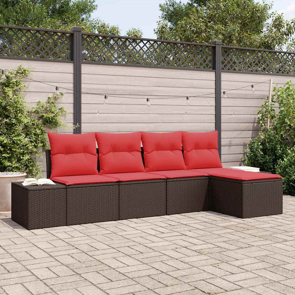 vidaXL Conjunto de sofá de jardín 5 uds. Marrón y Rojo ratán sintético