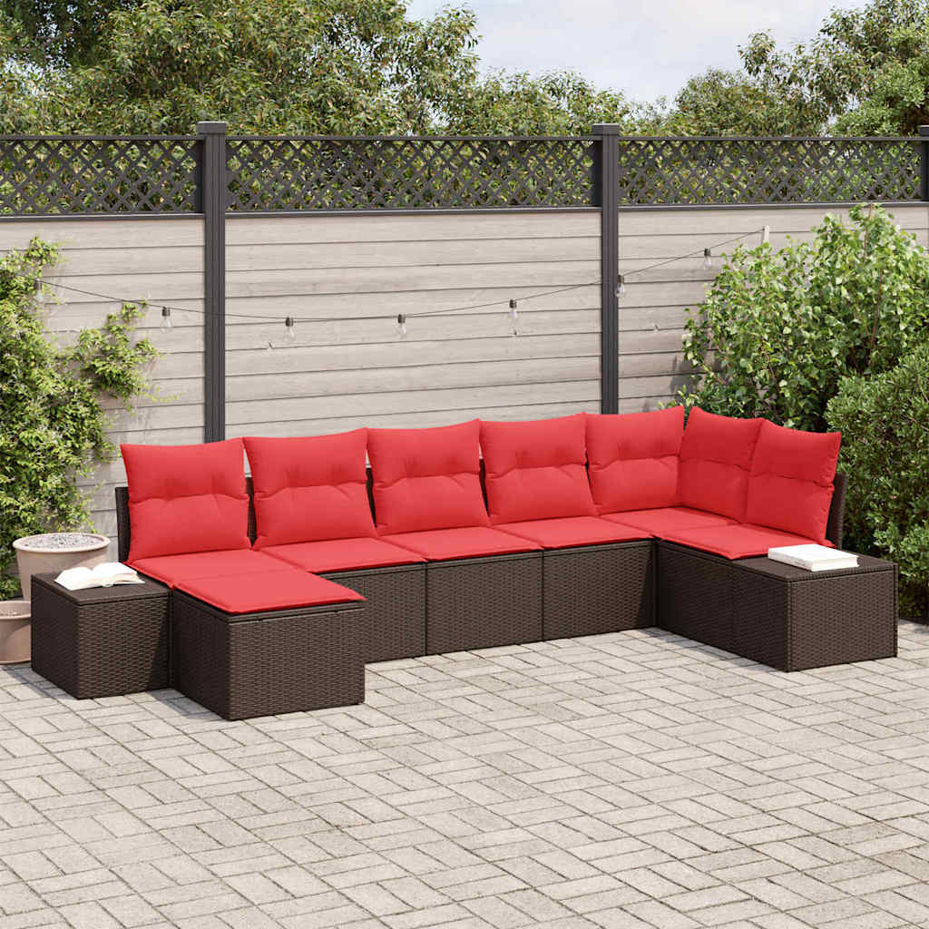 vidaXL Conjunto de sofá de jardín 7 uds. Marrón y Rojo ratán sintético