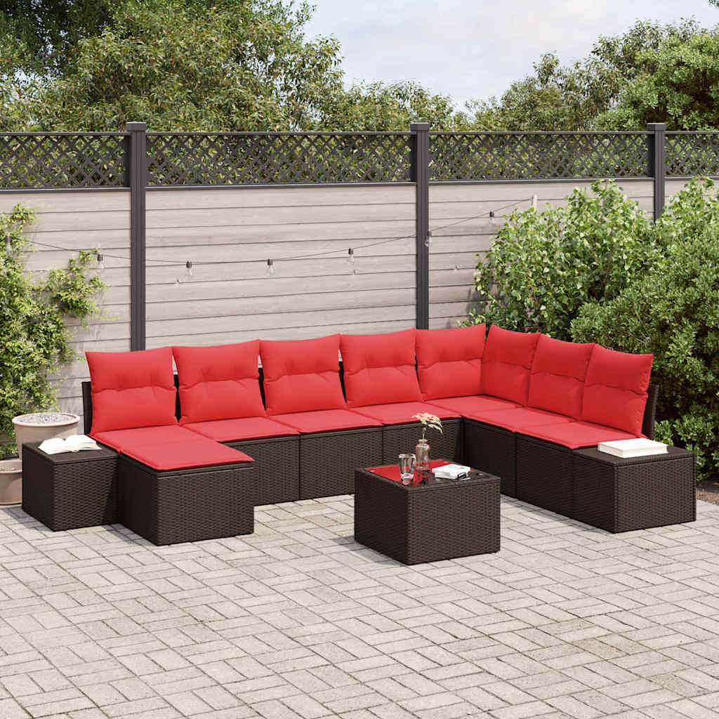vidaXL Conjunto de sofá de jardín 8 uds. Marrón y Rojo ratán sintético