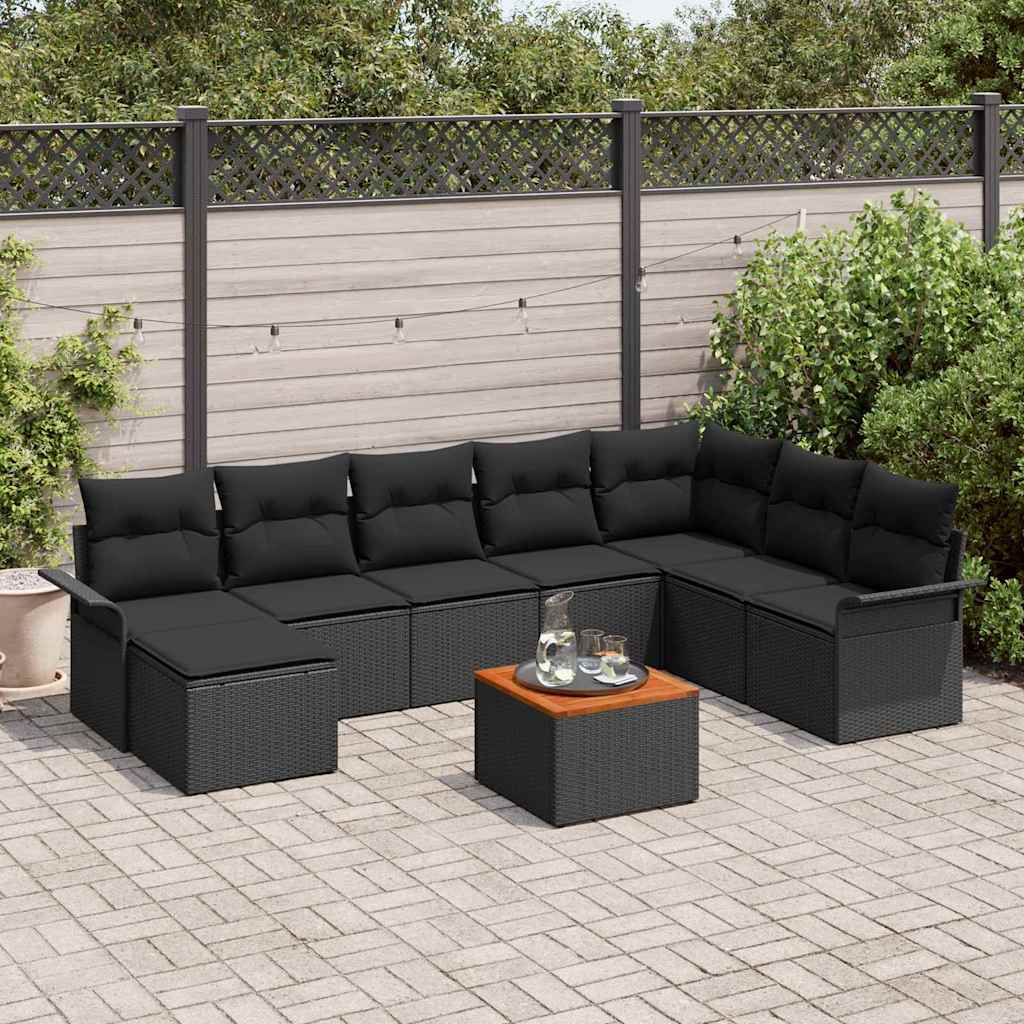 vidaXL Conjunto de sofás de jardín 9 uds. Negro ratán sintético