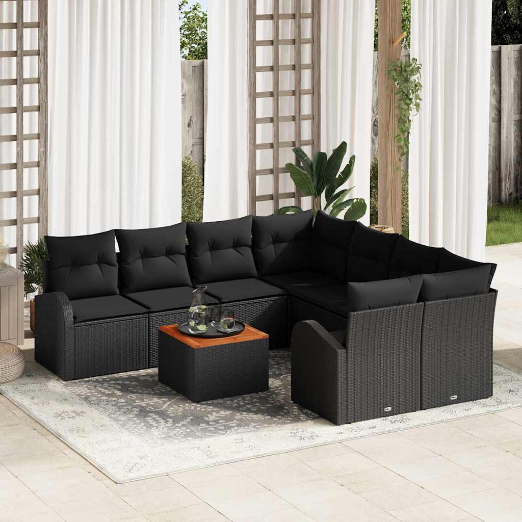 vidaXL Conjunto de sofás de jardín 9 uds. Negro ratán sintético
