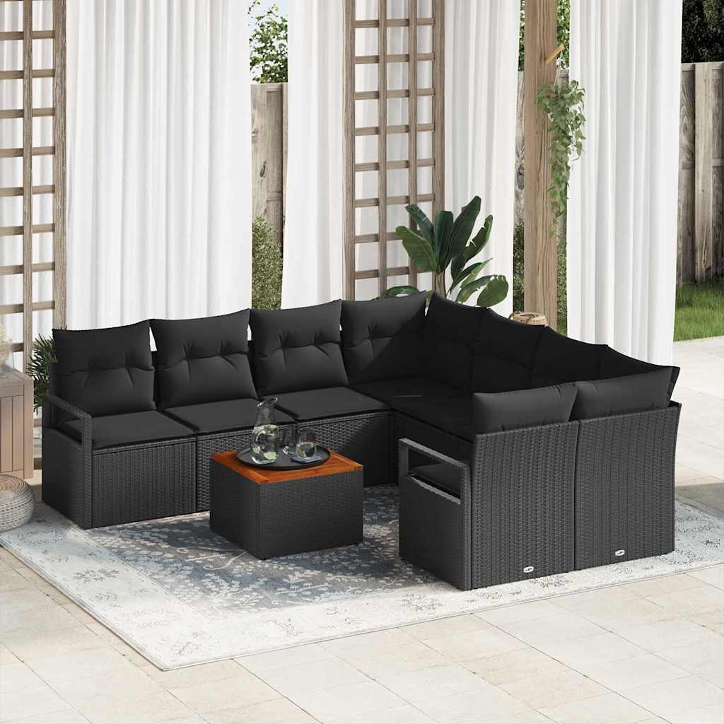 vidaXL Conjunto de sofás de jardín 9 uds. Negro ratán sintético