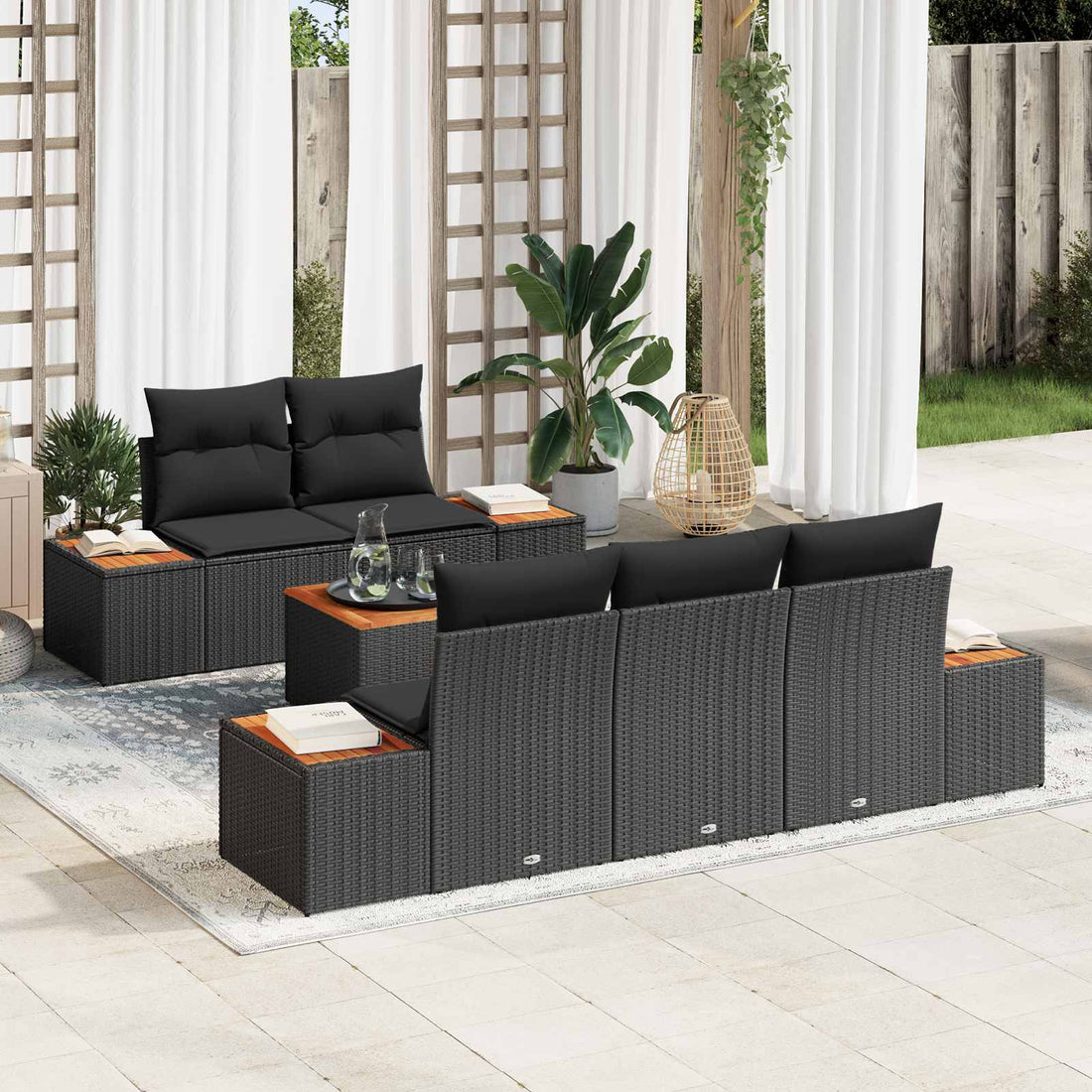 vidaXL Conjunto de sofá de jardín 6 uds. Negro Poliratán