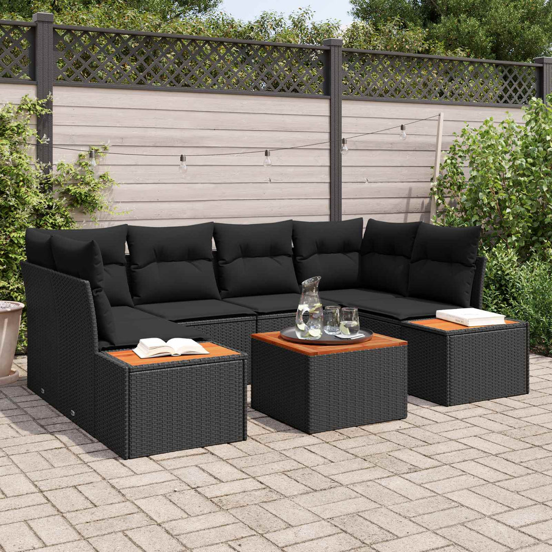 vidaXL Conjunto de sofá de jardín 7 uds. Negro Poliratán
