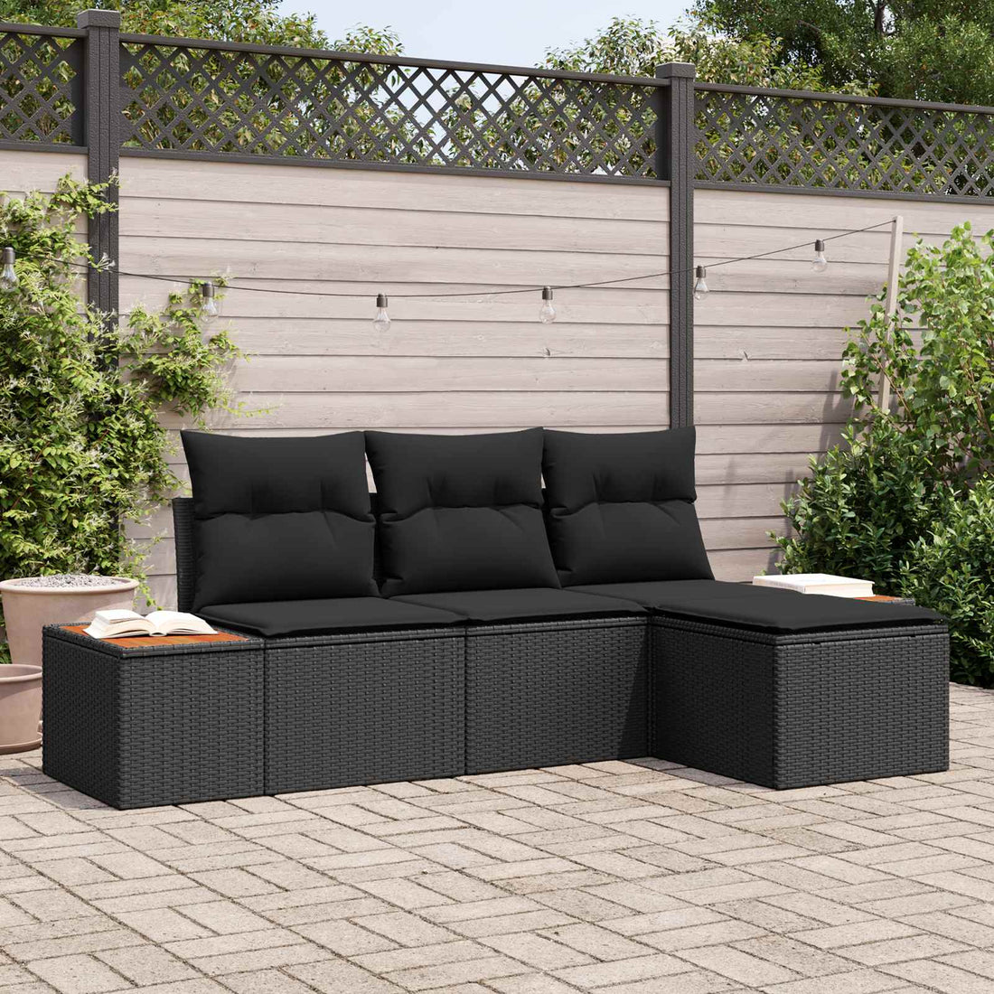 vidaXL Conjunto de sofá de jardín 4 uds. Negro Rattan de Poliéster